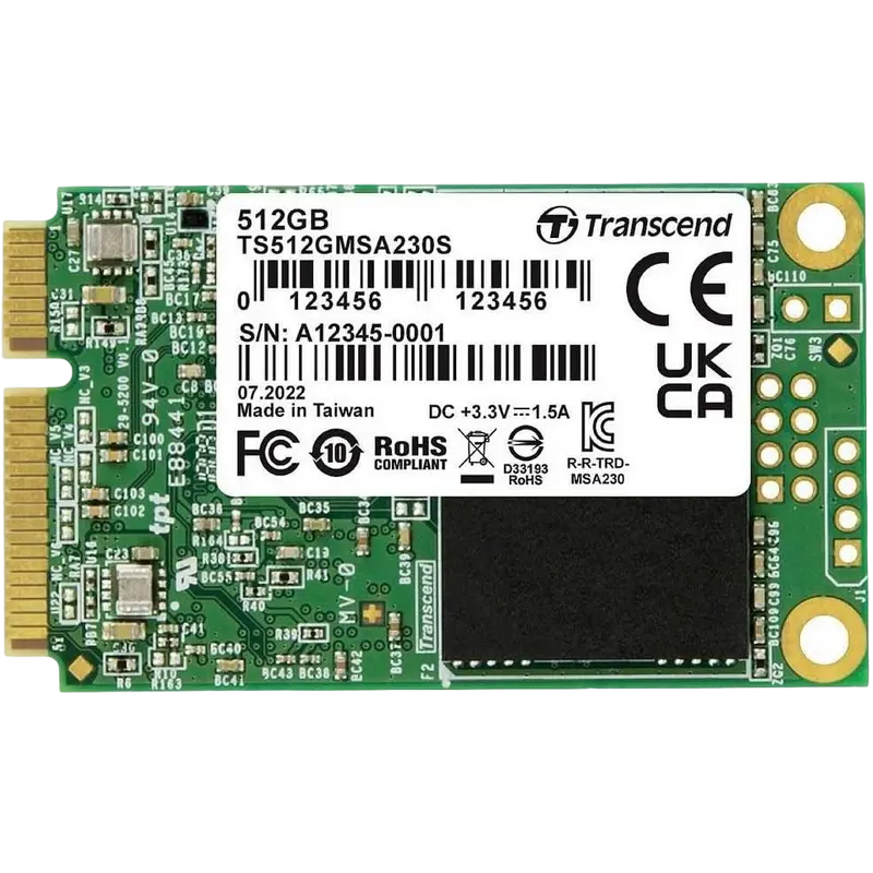 mSATA SSD 512GB Transcend "TS512GMSA230S" [R/W:550/400MB/s, 55/70K IOPS, SM2258H, 3D TLC]