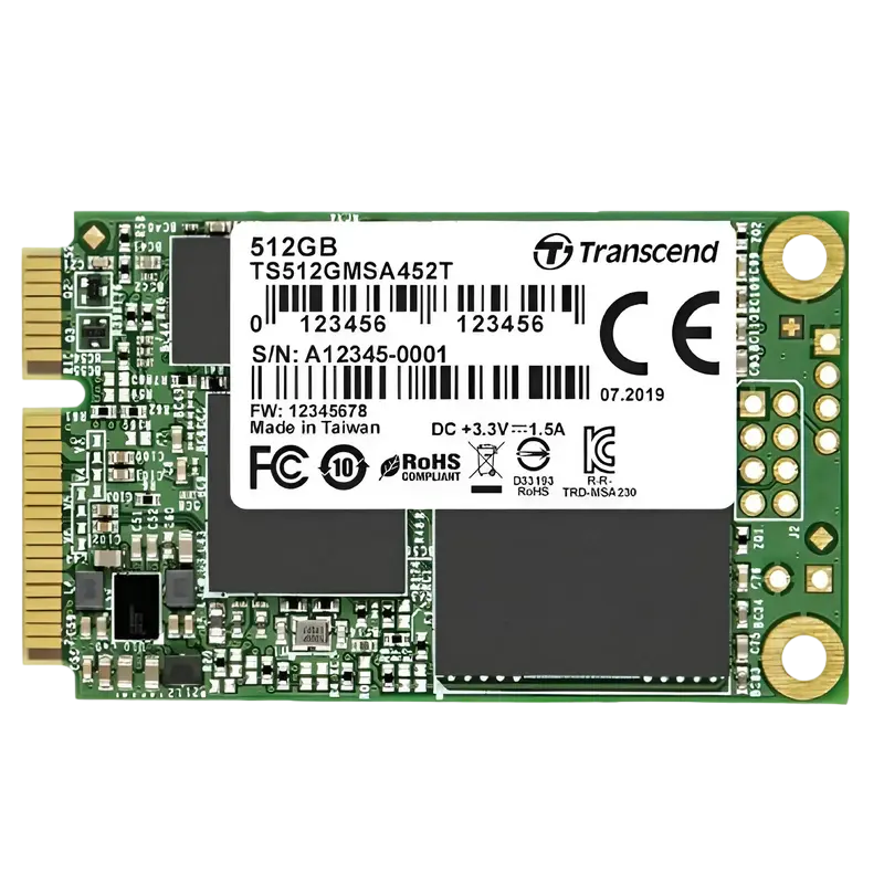 mSATA SSD 512GB Transcend "TS512GMSA452T" [R/W:560/520MB/s, 95K/85K IOPS, 880TBW, 3M MTBF, 3DTLC]