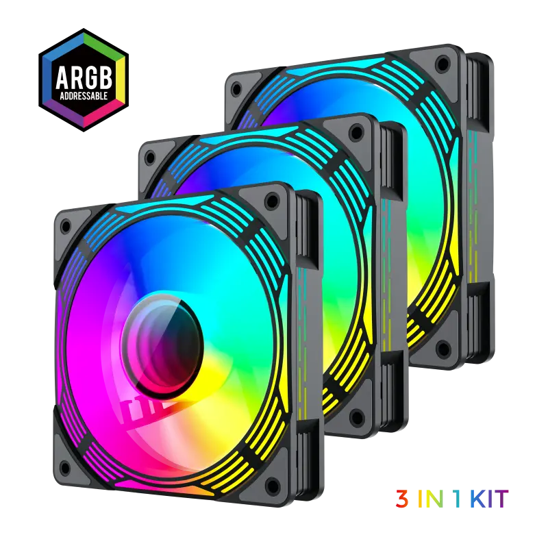 PC Case Fan GAMEMAX KF300 BK, 3xARGB Fan Kit, 120mm, <31.21dB, 800-1600RPM, Remote+ Hub, Black