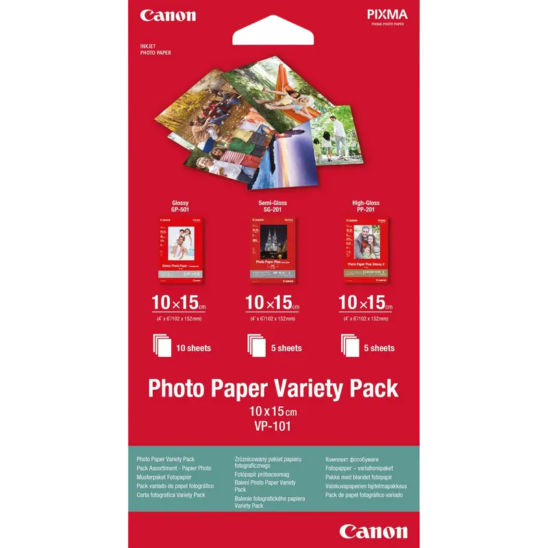 Canon Paper Paper VP101S Kit 2, Variety Pack (GP-501/SG-201/PP-201), 102 x152 mm, (15 sheets