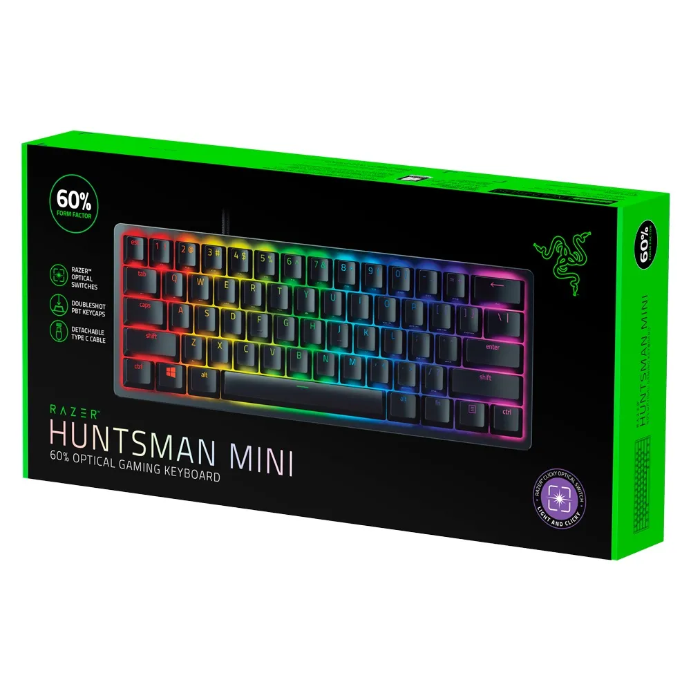 RAZER Huntsman Mini Gaming Keyboard, 60% Form Factor, Clicky Optical Switch - Red, Doubleshot PBT Keycaps With Side-Printed Secondary Functions- RU Layout, vedere laterală