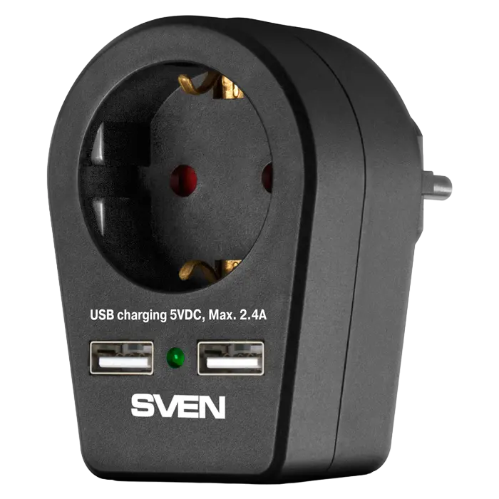 Surge Protector 1 Sockets, Sven SF-S1U, 2 USB ports charging (2.4A), Black