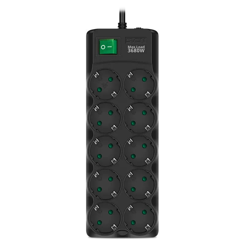 Surge Protector 10 Sockets, 3m, Sven "SF-10E-16", Black, flame-retardant material, 16A