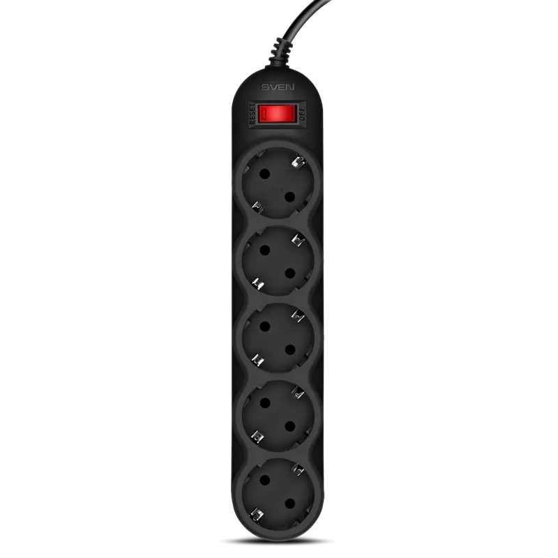 Surge Protector 5 Sockets, 5.0m, Sven "SF-05L", BLACK flame-retardant material