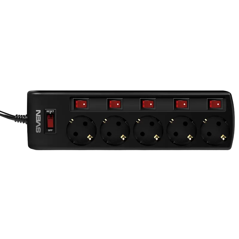 Surge Protector 5 Sockets, 1.8m, Sven "SF-05PL", BLACK, individual switches, flame-retardant