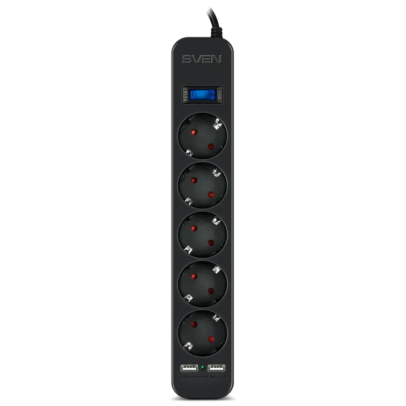 Surge Protector 5 Sockets, 1.8m, Sven SF-05LU, 2 USB ports charging (2.4A), Black