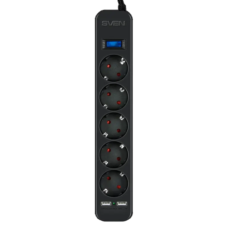 Surge Protector 5 Sockets, 3.0m, Sven SF-05LU, 2 USB ports charging (2.4A), Black