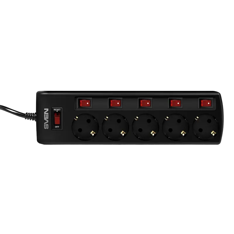 Surge Protector 5 Sockets, 3.0m, Sven "SF-05PL", BLACK, individual switches, flame-retardant