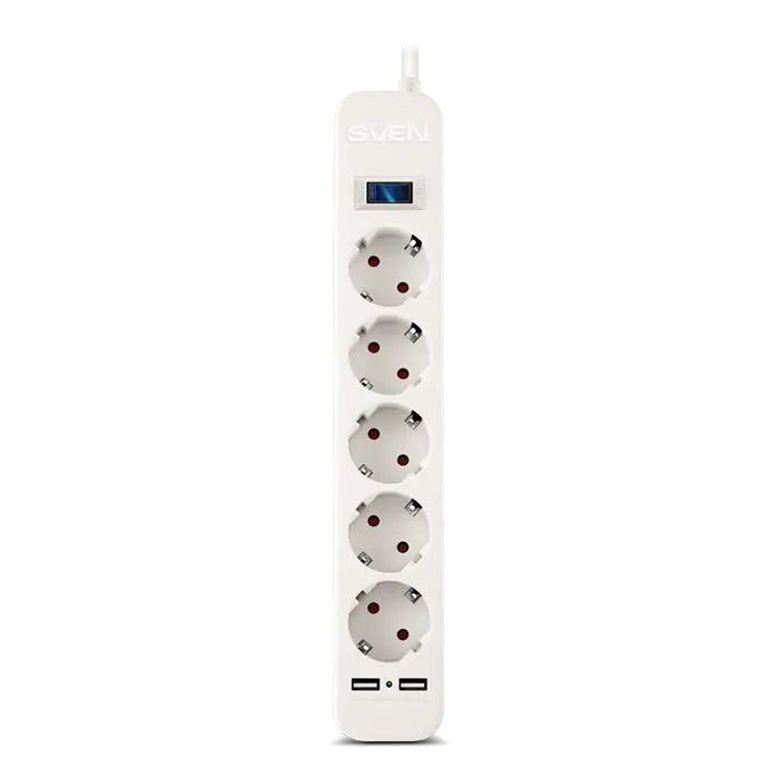 Surge Protector 5 Sockets, 3.0m, Sven "SF-05LU", 2 USB ports charging (2.4A), White