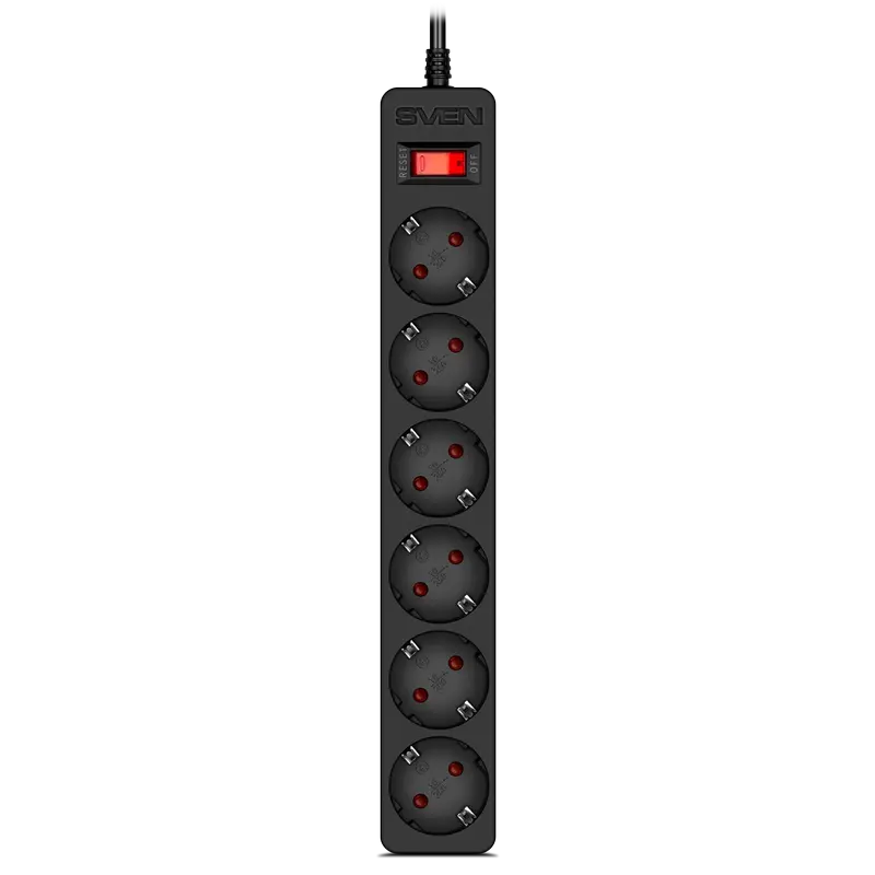 Surge Protector 6 Sockets, 5.0m, Sven "SF-06E", Black, flame-retardant material