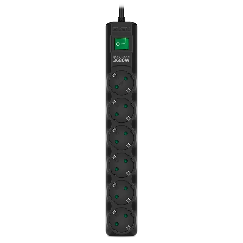 Surge Protector 6 Sockets, 1.8m, Sven "SF-06E-16", Black, flame-retardant material, 16A