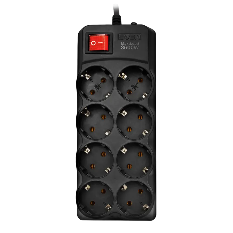 Surge Protector 8 Sockets, 1.8m, Sven "SF-08-16", Black, flame-retardant material