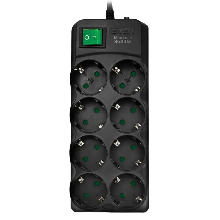Surge Protector 8 Sockets, 3.0m, Sven "SF-08E-16", Black, flame-retardant material, 16A