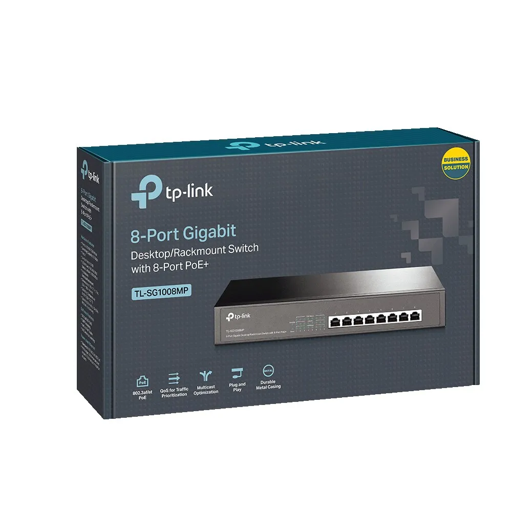 TP-LINK TL-SG1008MP, 8-Port Gigabit PoE+ Switch, 8 Gigabit RJ45 ports including 8 PoE+ ports, 153W PoE Power supply, Desktop or rack mounting, vedere posterioară