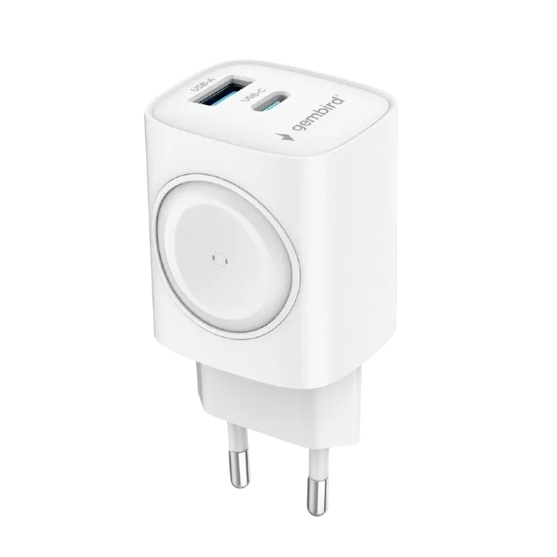 Wall Charger Gembird 2-port + Wireless Charging Apple Watch: Type-C 20W PD; Type-A 20W QC 3.0, fast