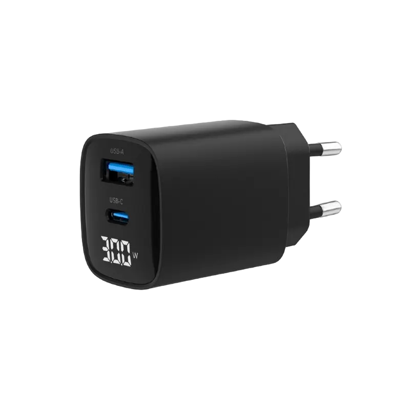 Wall Charger Gembird 2-port: Type-C 30W PD; Type-A 20W QC 3.0, fast charger, LCD, Black