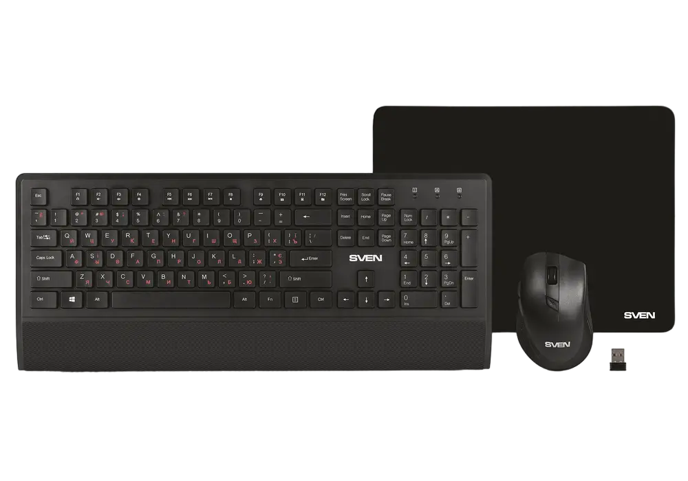 Wireless Keyboard & Mouse & Mouse Pad SVEN KB-C3800W, Multimedia, Palm rest, 1600dp, 6 buttons, Ergo