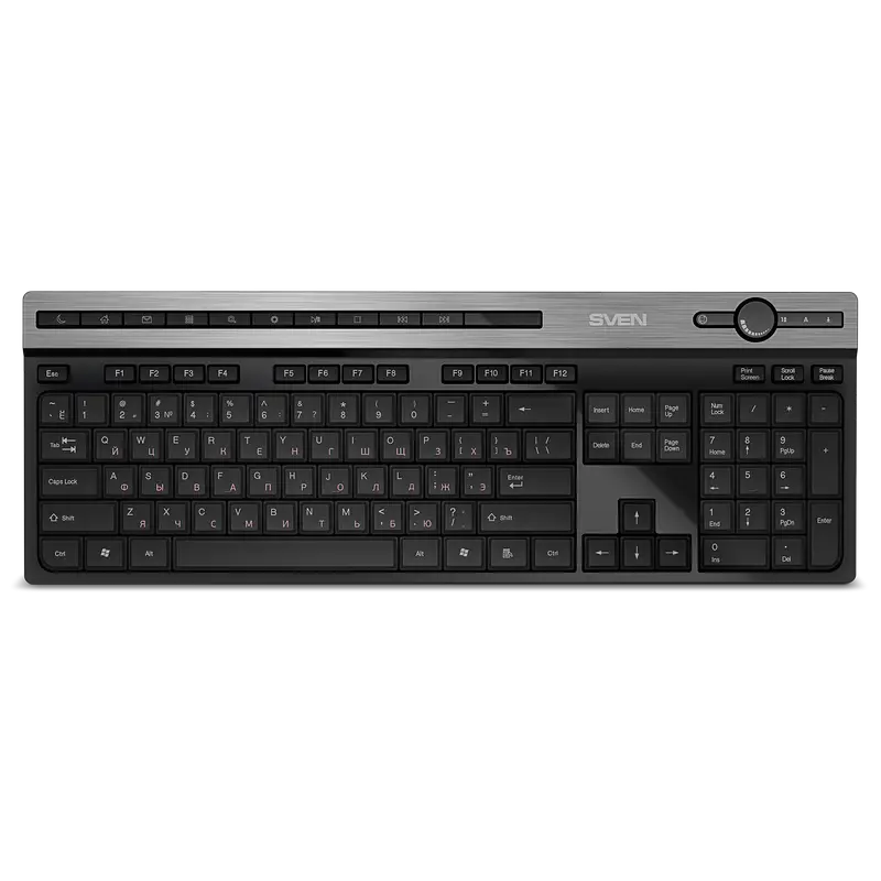 Wireless Keyboard SVEN KB-E5500W, Multimedia, Splash proof, Volume knob, Aluminum insert, Battery in